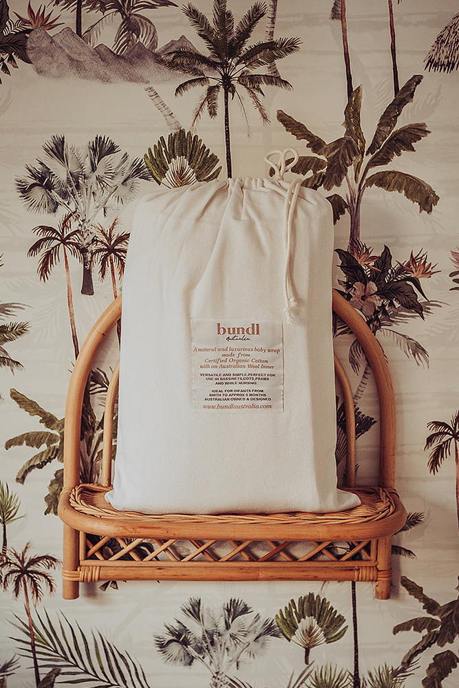 Bundl Wool Wrap in canvas bag packaging with Bundl label