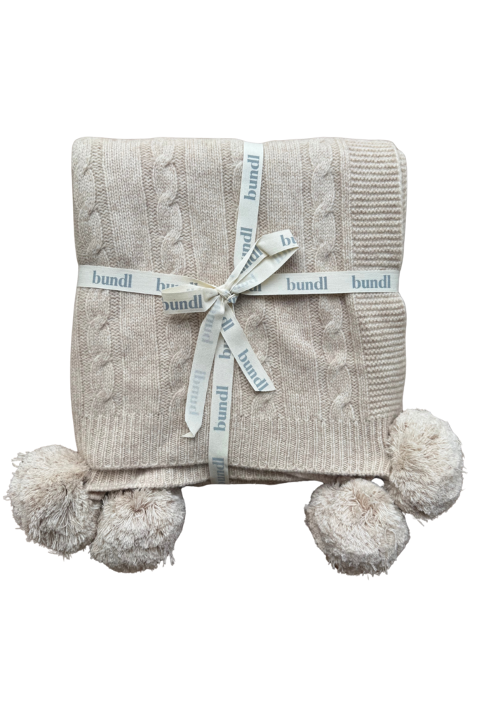 Warm Beige Organic Merino Pom Pom Blanket