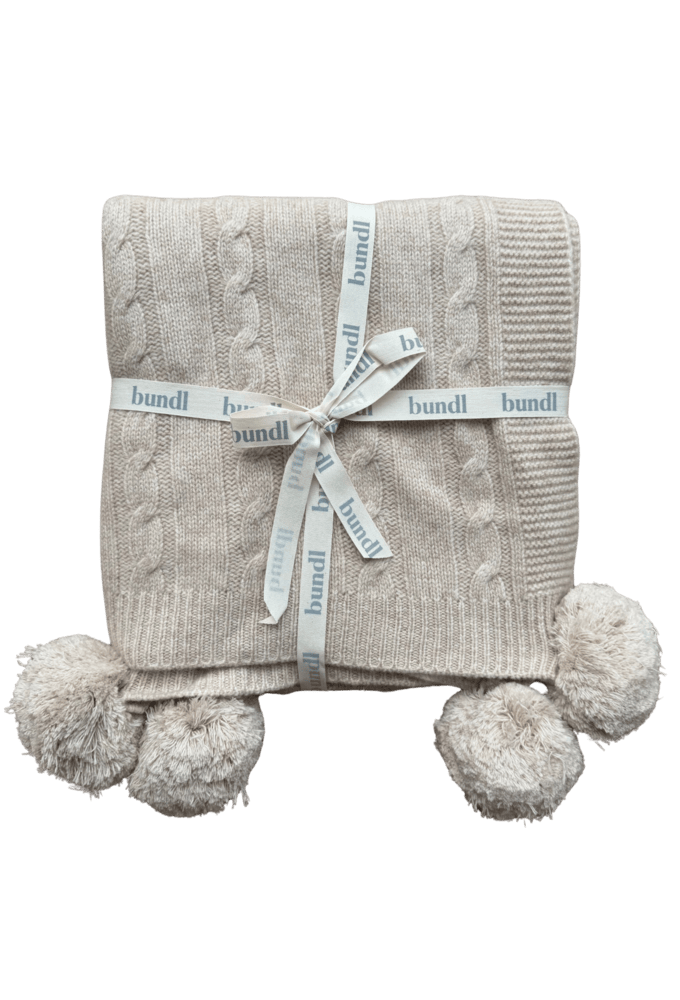 Warm Beige Organic Merino Pom Pom Blanket