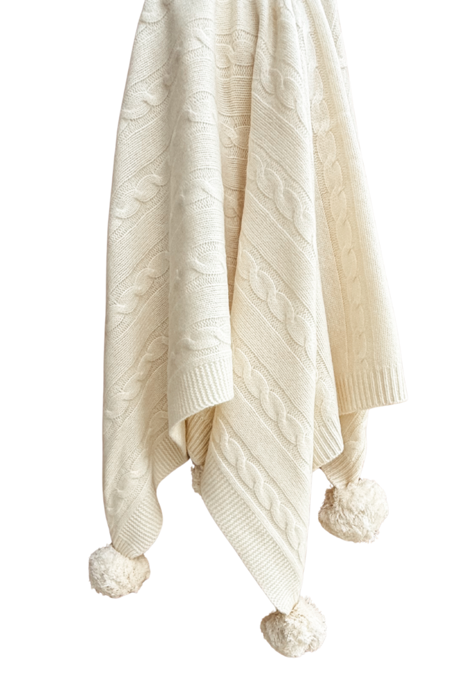 Butter Cream Organic Merino Pom Pom Blanket