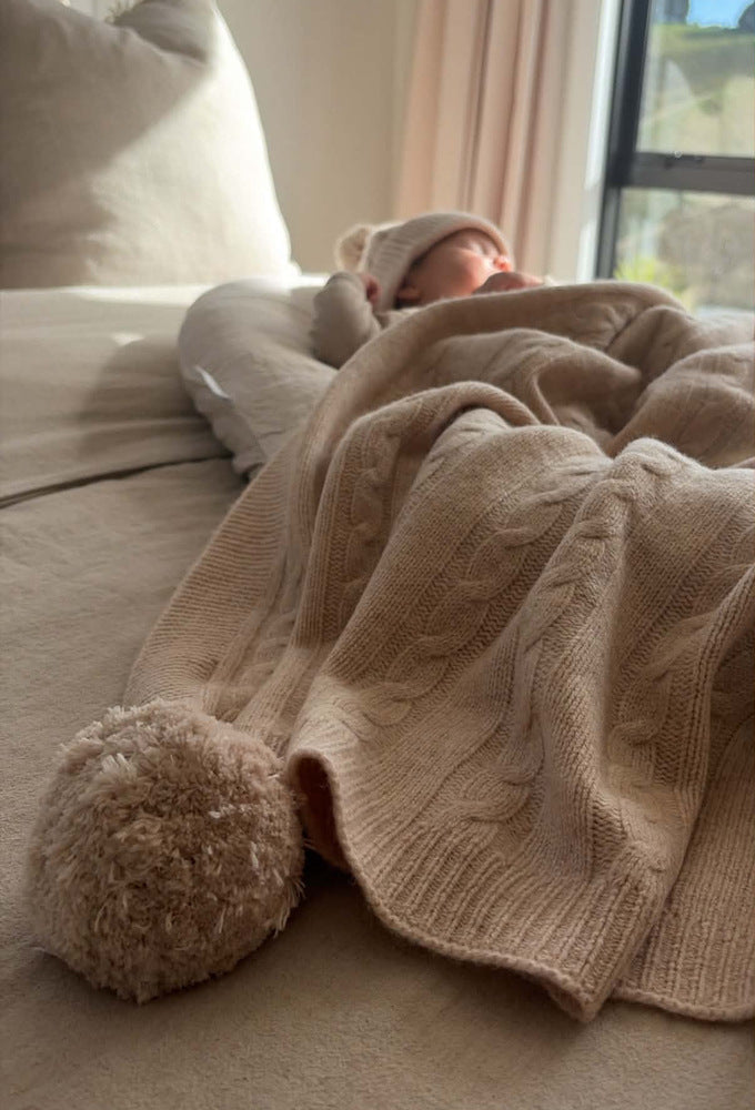 Warm Beige Organic Merino Pom Pom Blanket