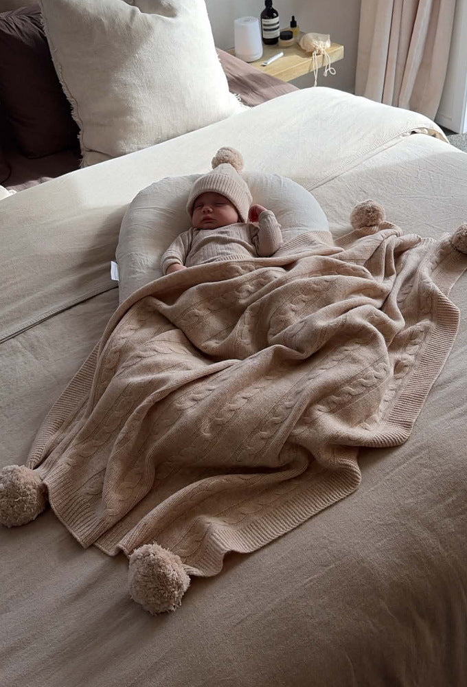 Warm Beige Organic Merino Pom Pom Blanket