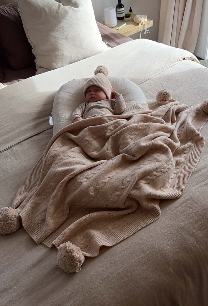 Warm Beige Organic Merino Pom Pom Blanket