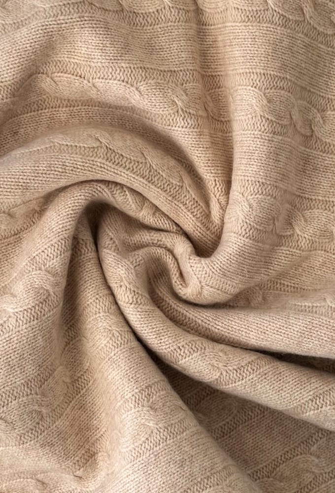 Warm Beige Organic Merino Pom Pom Blanket