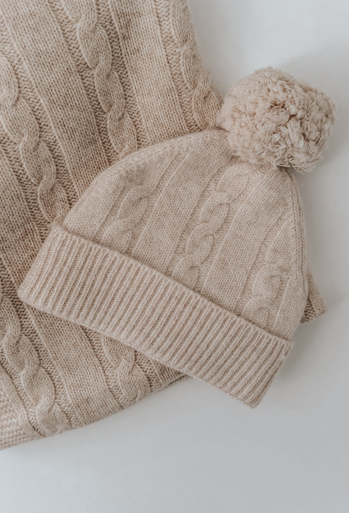 Warm Beige Merino Pom Pom Beanie