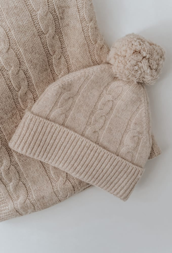 Warm Beige Merino Pom Pom Beanie