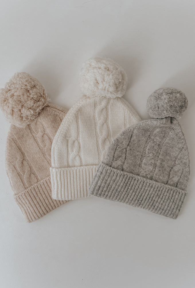 Warm Beige Merino Pom Pom Beanie