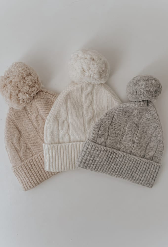 Warm Beige Merino Pom Pom Beanie