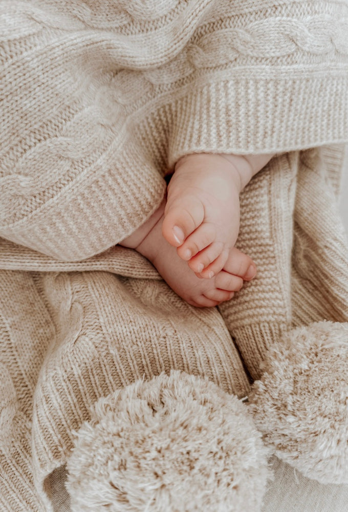 Warm Beige Organic Merino Pom Pom Blanket