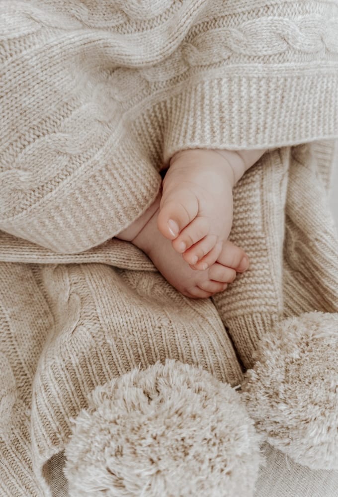 Warm Beige Organic Merino Pom Pom Blanket