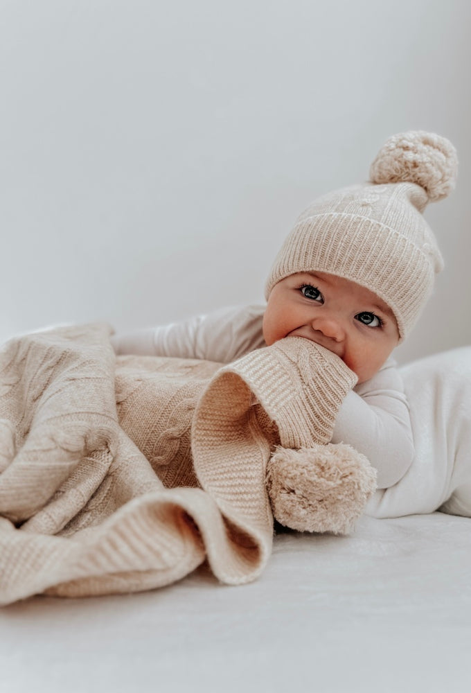 Warm Beige Organic Merino Pom Pom Blanket