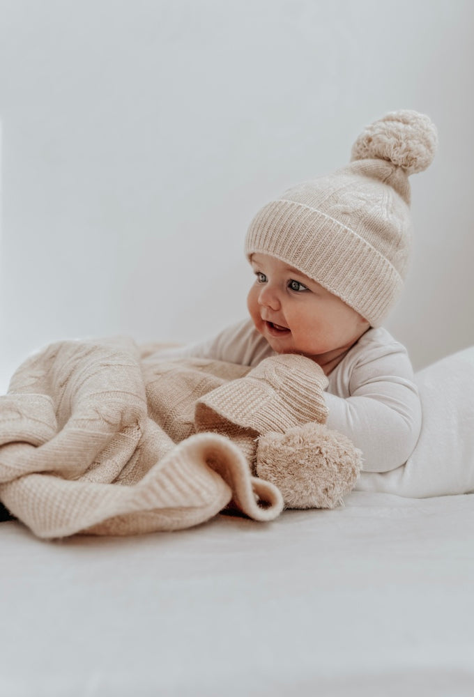 Warm Beige Merino Pom Pom Beanie