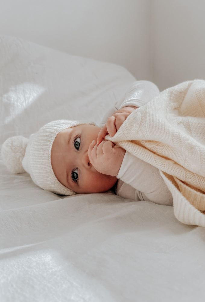 Butter Cream Organic Merino Pom Pom Blanket