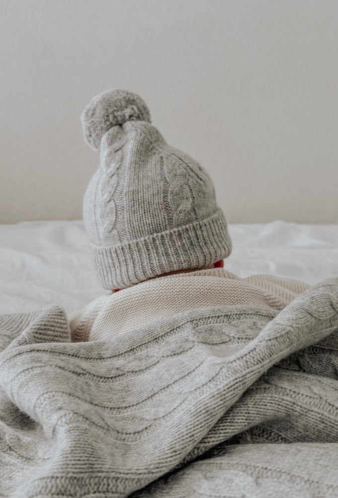 Smoke Grey Organic Merino Pom Pom Blanket