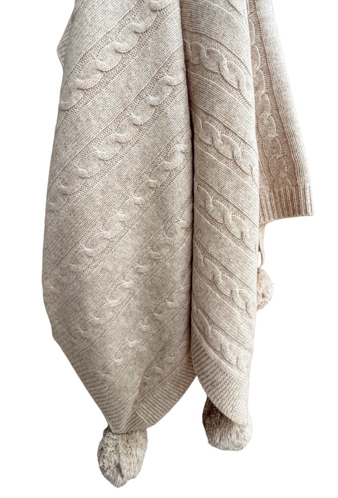 Warm Beige Organic Merino Pom Pom Blanket