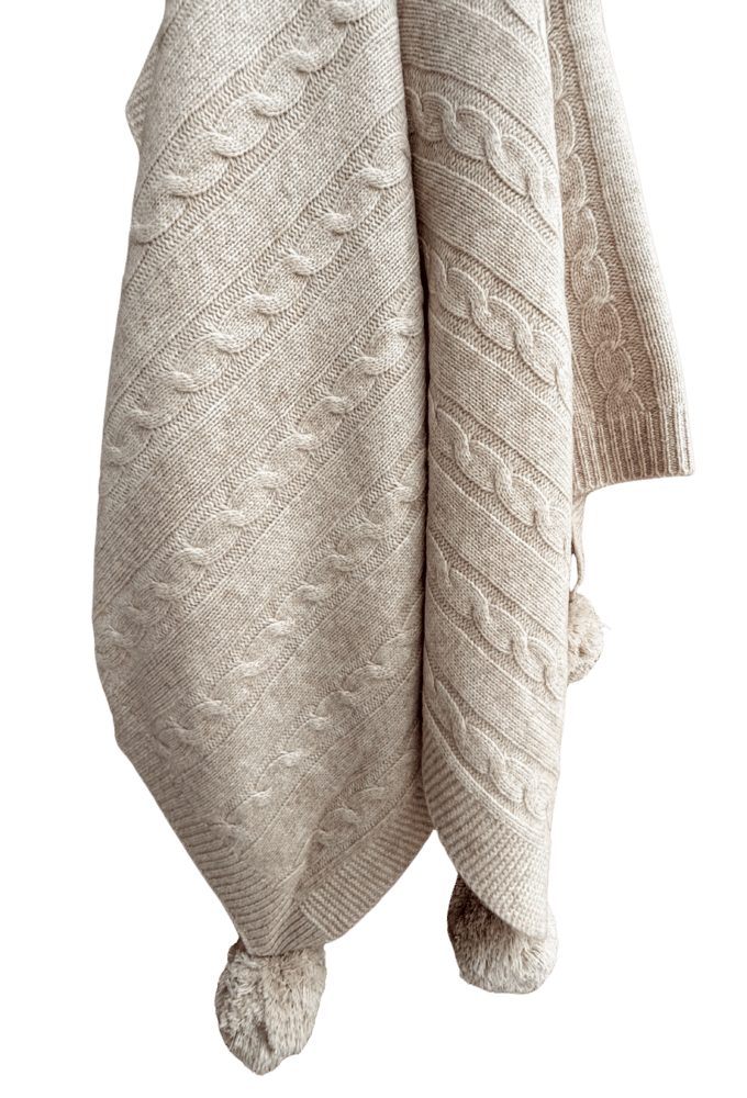 Warm Beige Organic Merino Pom Pom Blanket